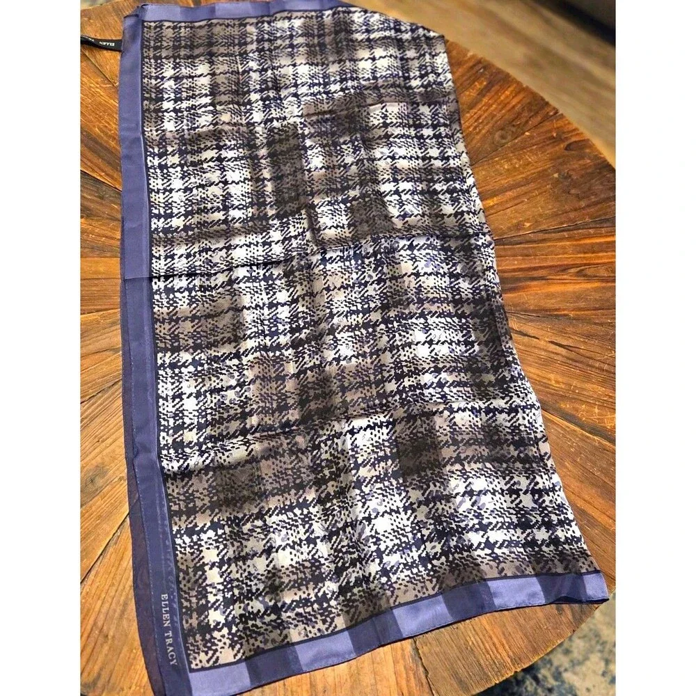 Ellen Tracy Unisex Silk Satin Plaid Square Scarf in Blue Gray Black